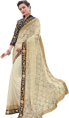 

Khushali Self Design, Embroidered, Embellished Fashion Net Saree(Beige, Dark Blue)