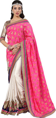 

Jiya Self Design, Embellished, Embroidered Fashion Satin, Jacquard Saree(White, Pink, Beige), Beige;pink;white