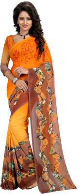 HEENA Geometric Print Bollywood Poly Georgette Saree(Brown, Orange)