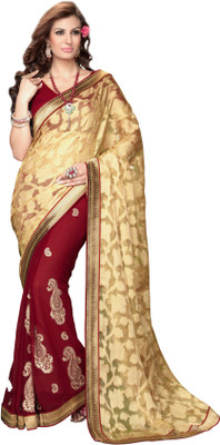 

Jiya Self Design, Embroidered, Embellished Fashion Georgette, Chiffon, Net, Jacquard Saree(Beige, Maroon)