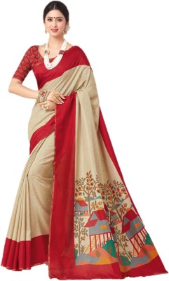 Miraan Printed Mysore Art Silk Saree(Beige)