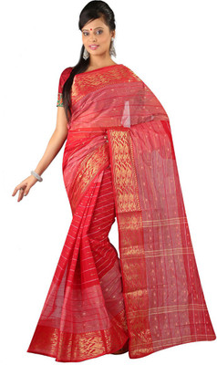 

Hawai Striped Tant Handloom Cotton Saree(Red)