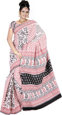 

TAARIKA Printed Daily Wear Cotton Saree(White, Black, Red), Black;red;white