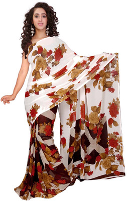 

Manthan Printed Daily Wear Georgette Saree(White, Brown), Off white & brown
