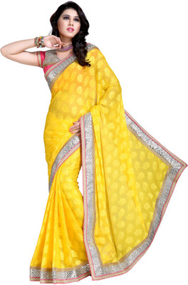 

Khoobee Self Design, Embroidered Fashion Jacquard Saree(Yellow)