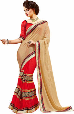 

Khoobee Self Design, Embroidered, Embellished Fashion Georgette, Chiffon Saree(Beige, Red)