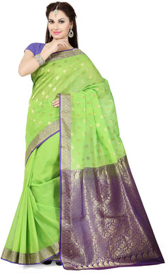 

Ishin Woven Fashion Cotton Saree(Green), Green & puple