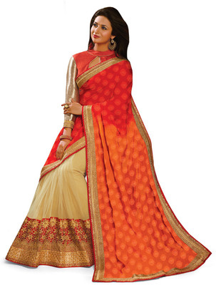 

Indianbeauty Self Design, Embroidered Bollywood Jacquard, Net, Pure Georgette Saree(Orange, Red, Beige), Beige;orange;red