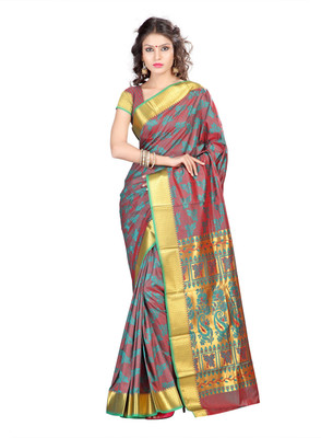 

Varkala Silk Sarees Woven Kanjivaram Jacquard Saree(Green, Red), Rama green