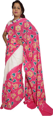 

KheyaliBoutique Floral Print Hand Batik Handloom Cotton Saree(Pink, White