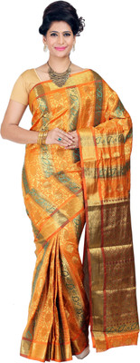

Mimosa Woven Kanjivaram Art Silk Saree(Multicolor), Greengold*orange