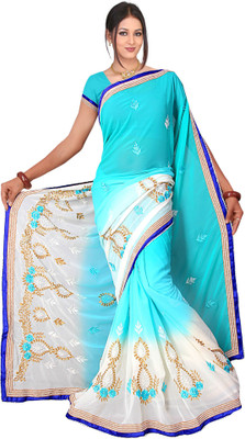 

Shree Rajlaxmi Sarees Embroidered Fashion Georgette Saree(White, Light Blue), Light blue;white