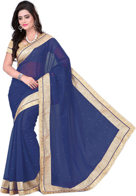 

Omkarcreation Solid Bollywood Chiffon Saree(Blue), Dark blue