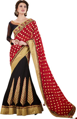 

Jiya Self Design, Embroidered, Embellished Fashion Net, Satin, Chiffon Saree(Red, Beige, Black), Black;red;beige