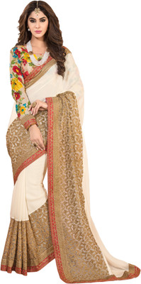 

Khoobee Self Design, Embroidered Fashion Chiffon, Net Saree(Beige)