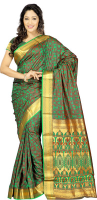 

Varkala Silk Sarees Woven Kanjivaram Silk Saree(Green, Red), Pakistani green