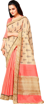 

Ewows Paisley, Printed Bhagalpuri Art Silk Saree(Beige, Pink), Beige;peach