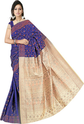 

JagannathSaree Self Design Murshidabad Silk Saree(Dark Blue, White)