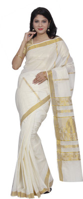 

Fashionkiosks Solid Fashion Handloom Cotton Saree(White), Cream gold