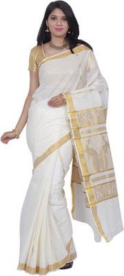 

Fashionkiosks Solid Fashion Handloom Cotton Saree(White), White gold