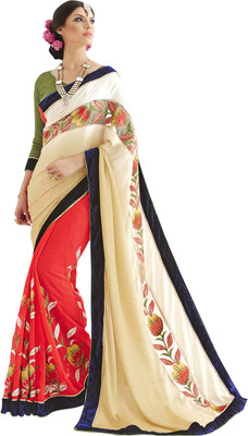 

Jiya Self Design, Embroidered, Embellished Fashion Georgette, Jacquard Saree(Beige, Red, Green), Beige;green;red