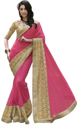 Desi Butik Embroidered Fashion Georgette Saree(Pink), Rani