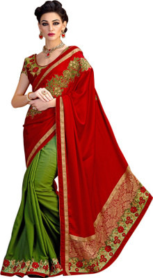 

Brijraj Embroidered Fashion Chiffon, Polyester, Jute Saree(Red, Green), Green;red