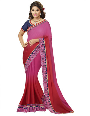

Khoobee Self Design, Embroidered Fashion Chiffon Saree(Pink, Red, Blue), Blue;pink;red