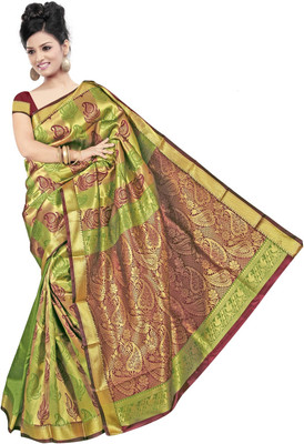 JagannathSaree Self Design Fashion Silk Saree(Green, Red)