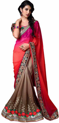 

Saara Embroidered Fashion Georgette Saree(Orange, Brown), Orange and brown