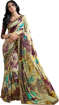 

Manthan Printed Daily Wear Georgette Saree(Beige, Purple), Beige & dark purple