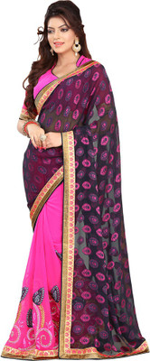 

Saara Embroidered Fashion Cotton Saree(Blue, Pink), Blue and pink