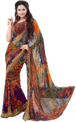 

Cenizas Floral Print Fashion Chiffon Saree(Brown)