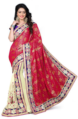 

Khoobee Self Design, Embroidered, Embellished Fashion Georgette, Jacquard Saree(Pink, Beige), Beige;pink