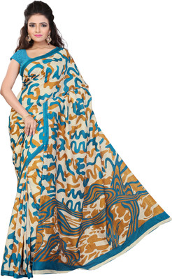 Vardan PRINTS Printed Bollywood Cotton Blend Saree(Blue, Beige)