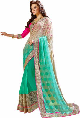

Khoobee Self Design, Embroidered, Embellished Fashion Georgette, Jacquard Saree(Green, Beige, Pink), Beige;green;pink