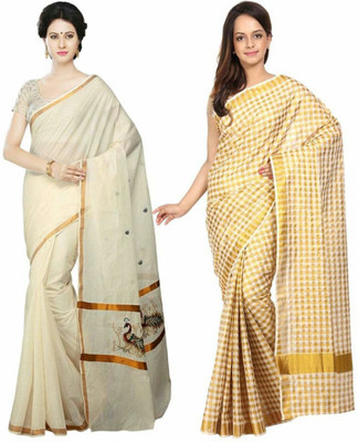 Selvamani Tex Solid/Plain Mundum Neriyathum Handloom Cotton Blend Saree(Pack of 2, Gold)