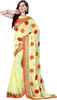 

Jiya Self Design, Embroidered Fashion Georgette Saree(Beige, Red)