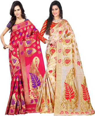 Weavedeal Embellished Kanjivaram Silk Cotton Blend Saree(Pack of 2, Pink, Beige), Beige;pink