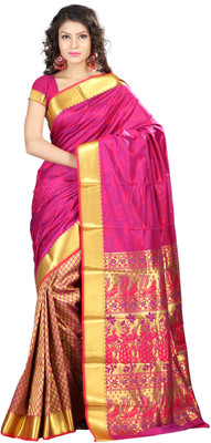 

Varkala Silk Sarees Woven Kanjivaram Jacquard Saree(Pink, Purple), Rani