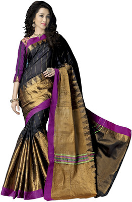 

Ishin Self Design Fashion Cotton Saree(Black), Black;golden