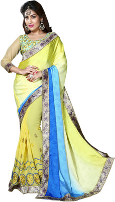 

Khoobee Self Design, Embroidered, Embellished Fashion Georgette, Crepe, Jacquard Saree(Yellow, Light Blue), Light blue;yellow