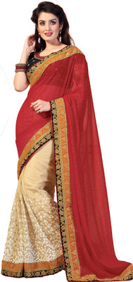 

M.S.Retail Embroidered Fashion Chiffon, Net Saree(Red, White), Cream