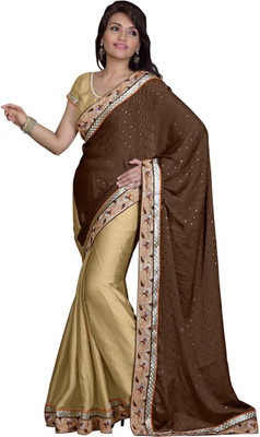 

Vandv Shop Printed Fashion Chiffon Saree(White), Brown;cream