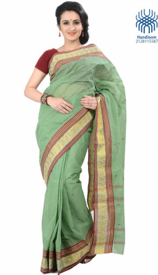 

Tantuja Solid Dhaniakhali Handloom Cotton Saree(Green), Flo yellow
