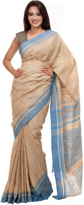 

Elite Handicrafts Solid Bhagalpuri Handloom Tussar Silk Saree(Beige, Blue), Beize