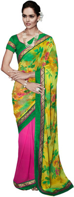 

Vandv Shop Printed Fashion Handloom Georgette Saree(Green), Green;pink
