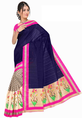 

Manthan Printed Daily Wear Art Silk Saree(Blue, White), Navy blue & cream