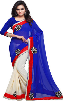 

Sourbh Sarees Solid Fashion Chiffon, Georgette Saree(Blue, Beige), Blue;cream