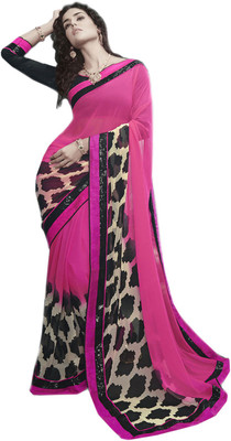 

Vandv Shop Printed Fashion Handloom Georgette Saree(Black), Black;pink